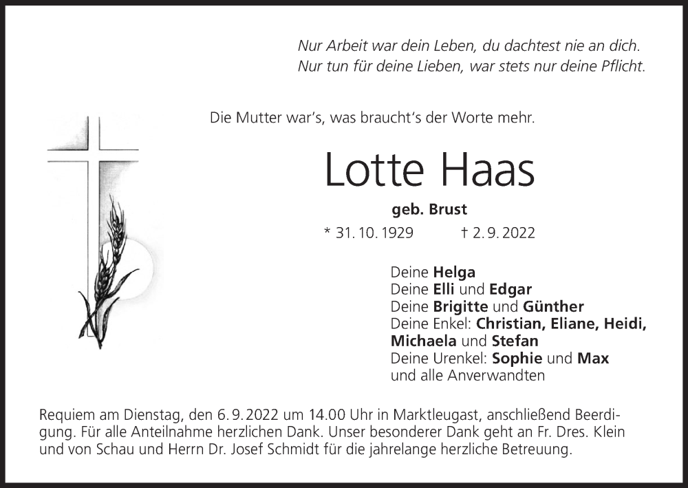  Traueranzeige für Lotte Haas vom 03.09.2022 aus MGO