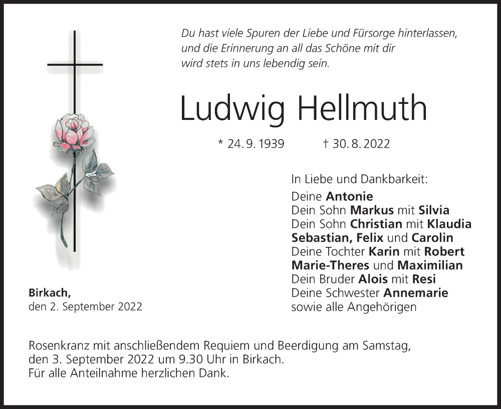  Traueranzeige für Ludwig Hellmuth vom 02.09.2022 aus MGO