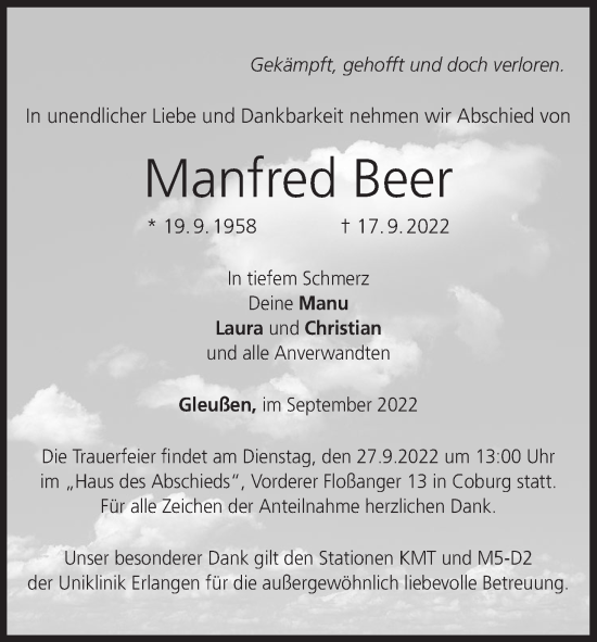 Anzeige von Manfred Beer von MGO
