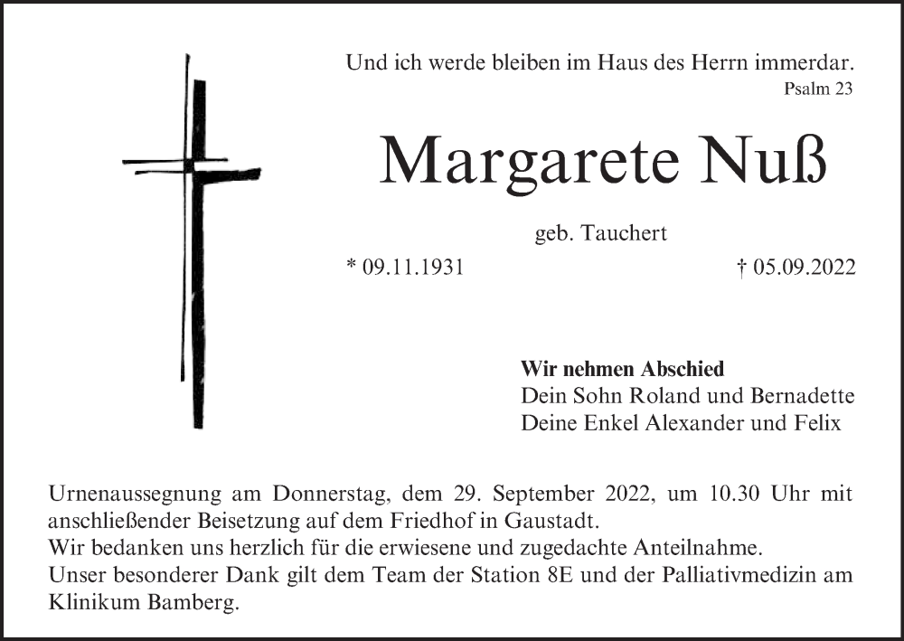  Traueranzeige für Margarete Nuß vom 21.09.2022 aus MGO