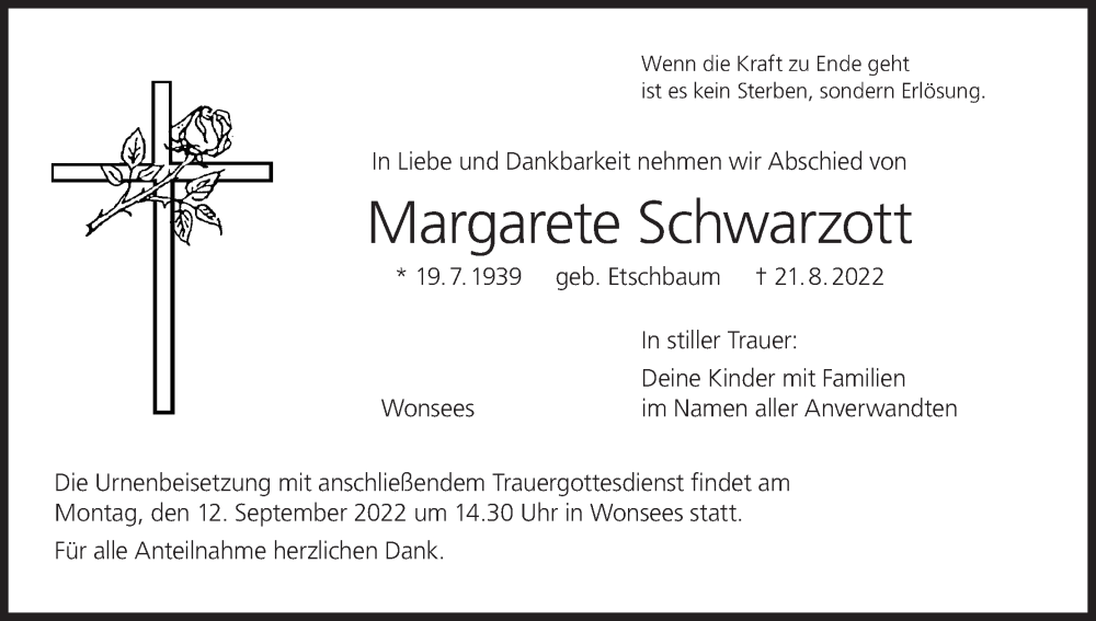  Traueranzeige für Margarete Schwarzott vom 10.09.2022 aus MGO