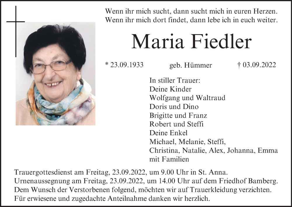  Traueranzeige für Maria Fiedler vom 17.09.2022 aus MGO