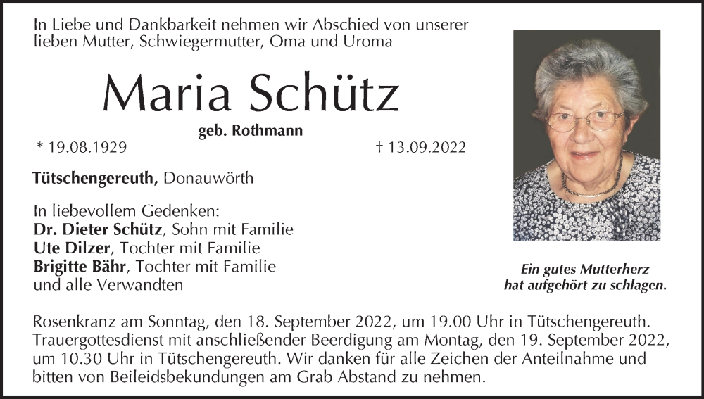  Traueranzeige für Maria Schütz vom 17.09.2022 aus MGO