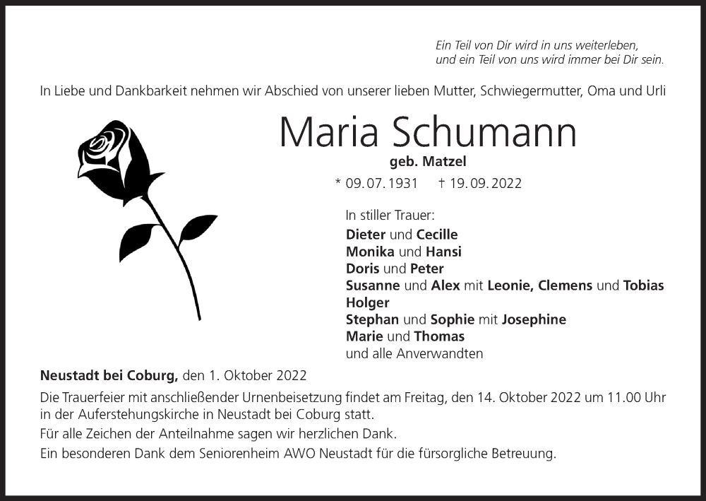  Traueranzeige für Maria Schumann vom 01.10.2022 aus MGO