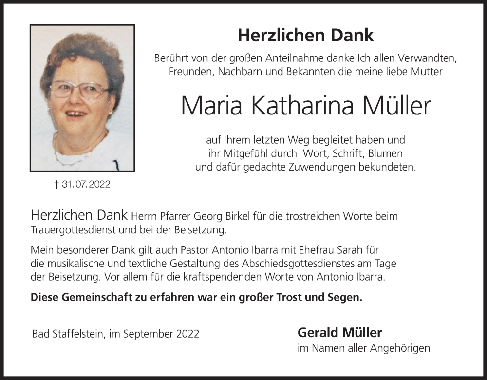  Traueranzeige für Maria Katharina Müller vom 03.09.2022 aus MGO