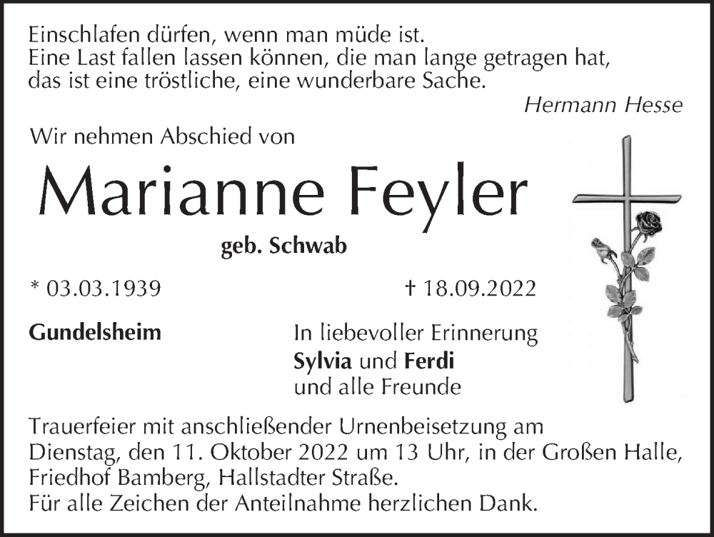  Traueranzeige für Marianne Feyler vom 01.10.2022 aus MGO