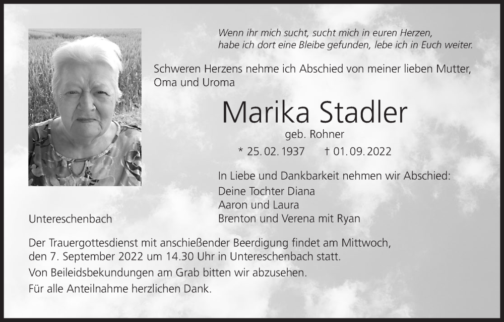  Traueranzeige für Marika Stadler vom 06.09.2022 aus MGO