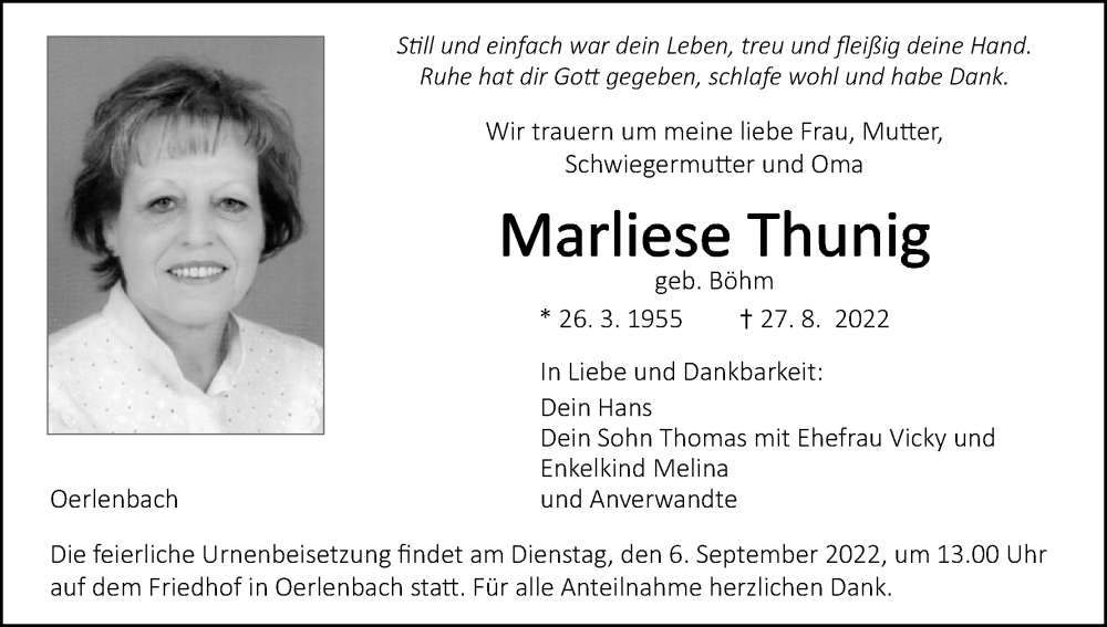  Traueranzeige für Marliese Thunig vom 03.09.2022 aus MGO
