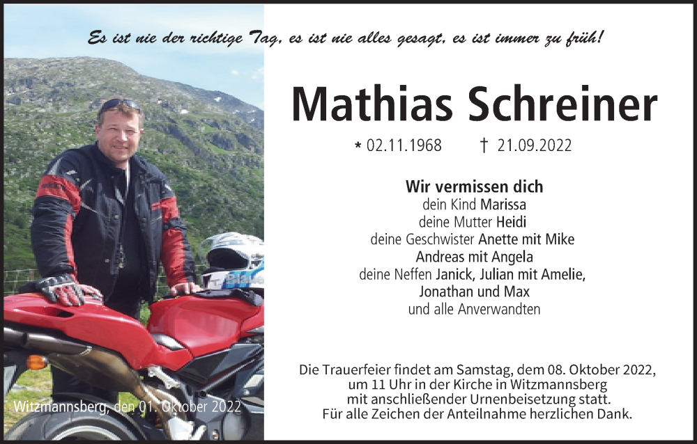  Traueranzeige für Mathias Schreiner vom 01.10.2022 aus MGO