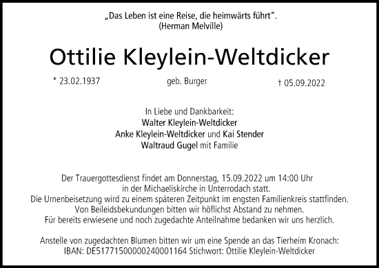 Anzeige von Ottilie Kleylein-Weltdicker von MGO