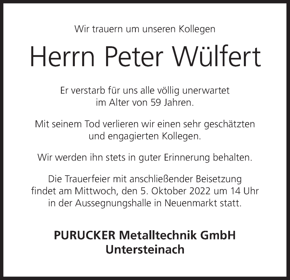  Traueranzeige für Peter Wülfert vom 01.10.2022 aus MGO