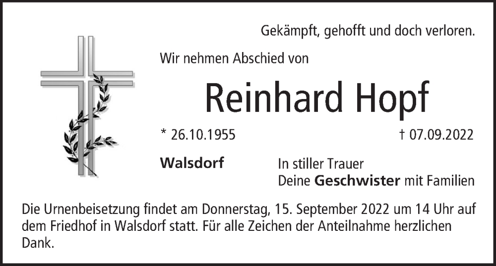  Traueranzeige für Reinhard Hopf vom 13.09.2022 aus MGO
