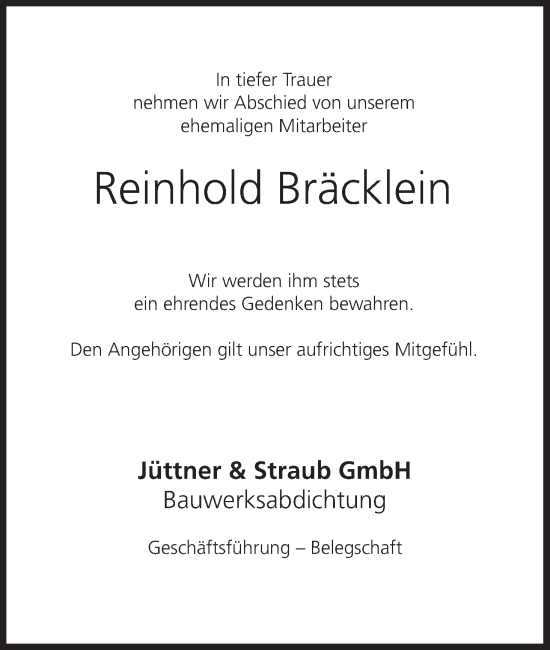 Anzeige von Reinhold Bräcklein von MGO