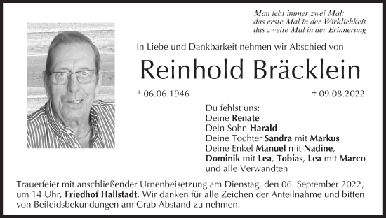 Anzeige von Reinhold Bräcklein von MGO
