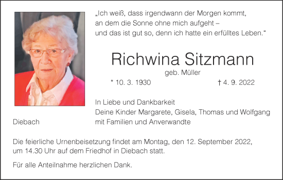 Anzeige von Richwina Sitzmann von MGO