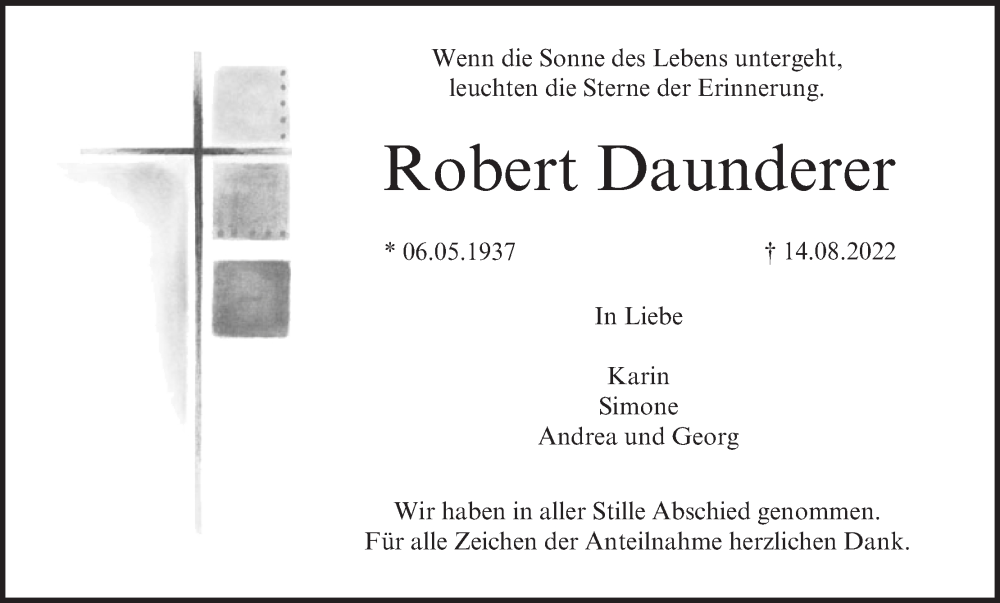  Traueranzeige für Robert Daunderer vom 03.09.2022 aus MGO