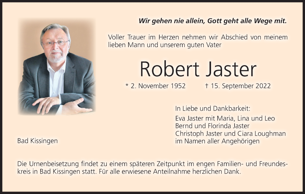  Traueranzeige für Robert Jaster vom 24.09.2022 aus MGO