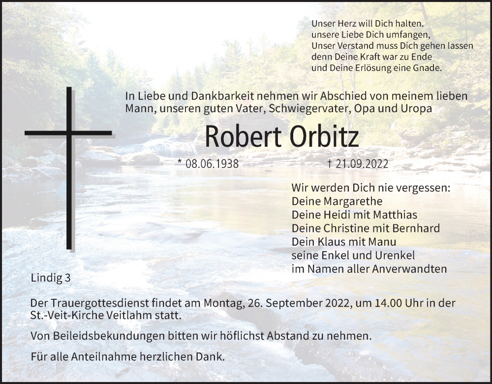  Traueranzeige für Robert Orbitz vom 24.09.2022 aus MGO