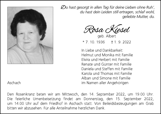 Anzeige von Rosa Kiesel von MGO