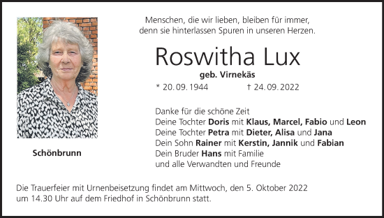 Anzeige von Roswitha Lux von MGO