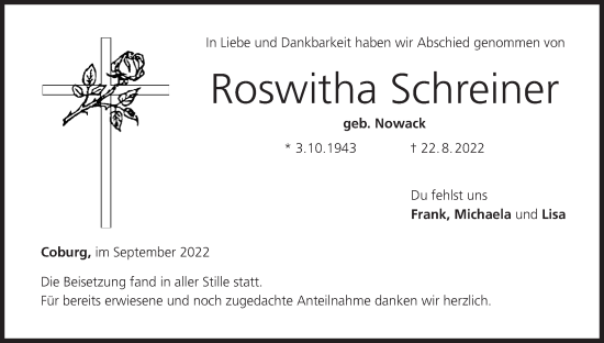 Anzeige von Roswitha Schreiner von MGO