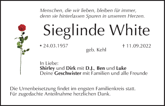 Anzeige von Sieglinde White von MGO