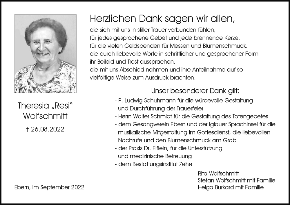 Traueranzeige für Theresia Wolfschmitt vom 17.09.2022 aus MGO