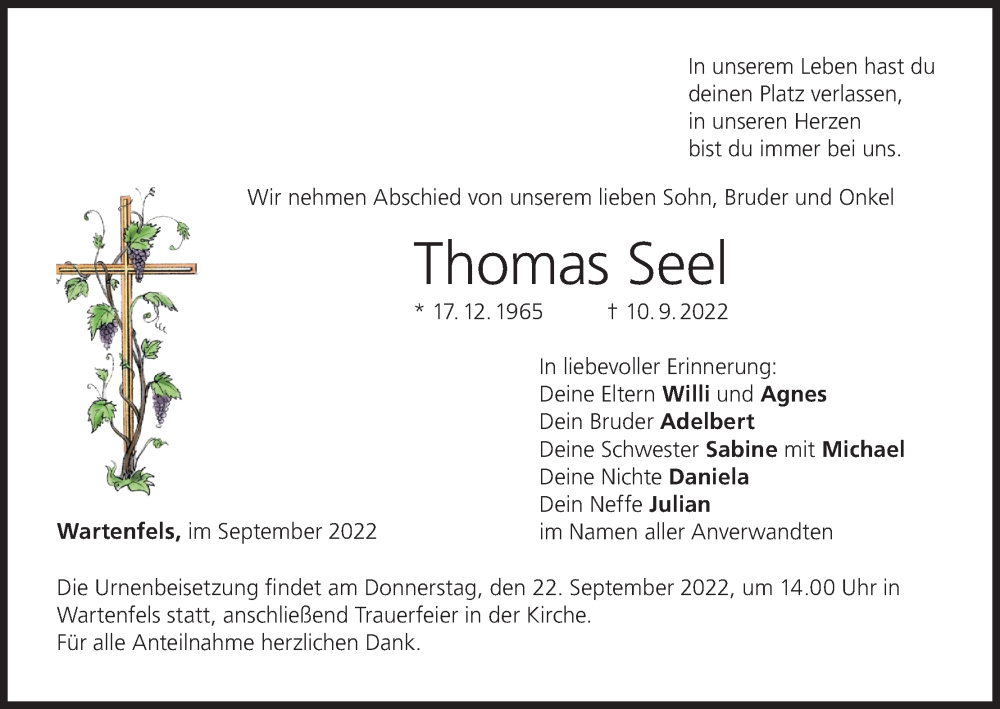  Traueranzeige für Thomas Seel vom 20.09.2022 aus MGO