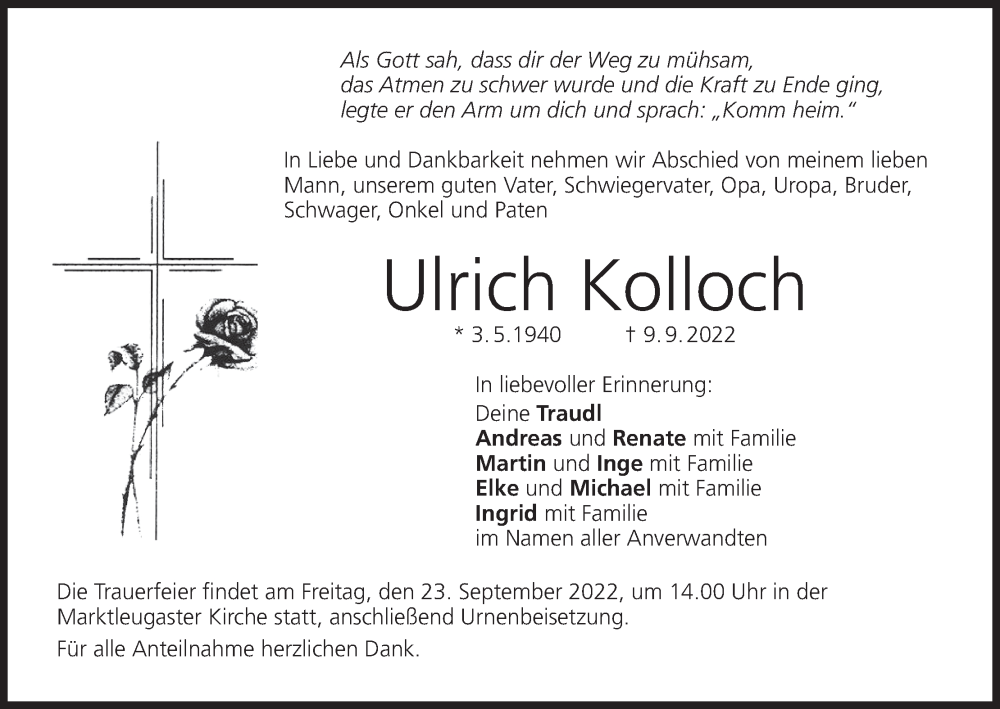  Traueranzeige für Ulrich Kolloch vom 21.09.2022 aus MGO