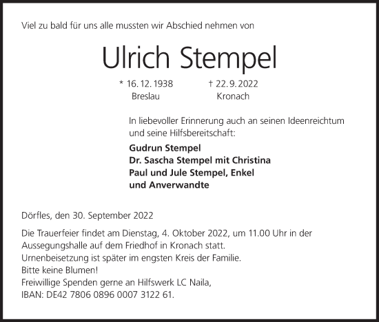 Anzeige von Ulrich Stempel von MGO