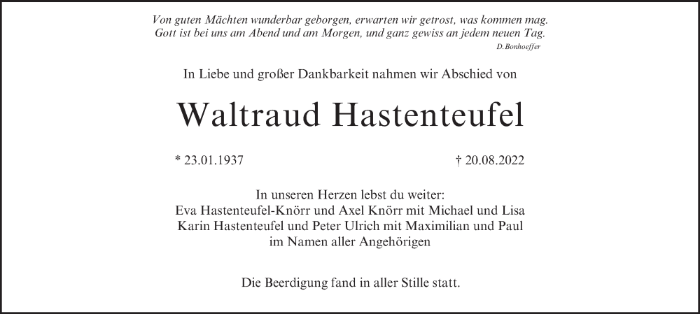  Traueranzeige für Waltraud Hastenteufel vom 03.09.2022 aus MGO