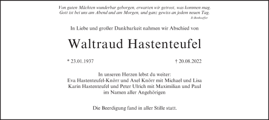 Anzeige von Waltraud Hastenteufel von MGO