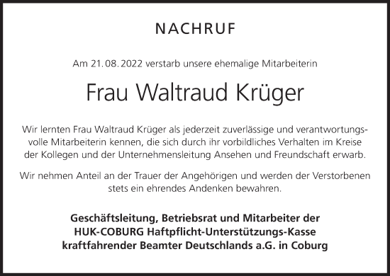 Anzeige von Waltraud Krüger von MGO