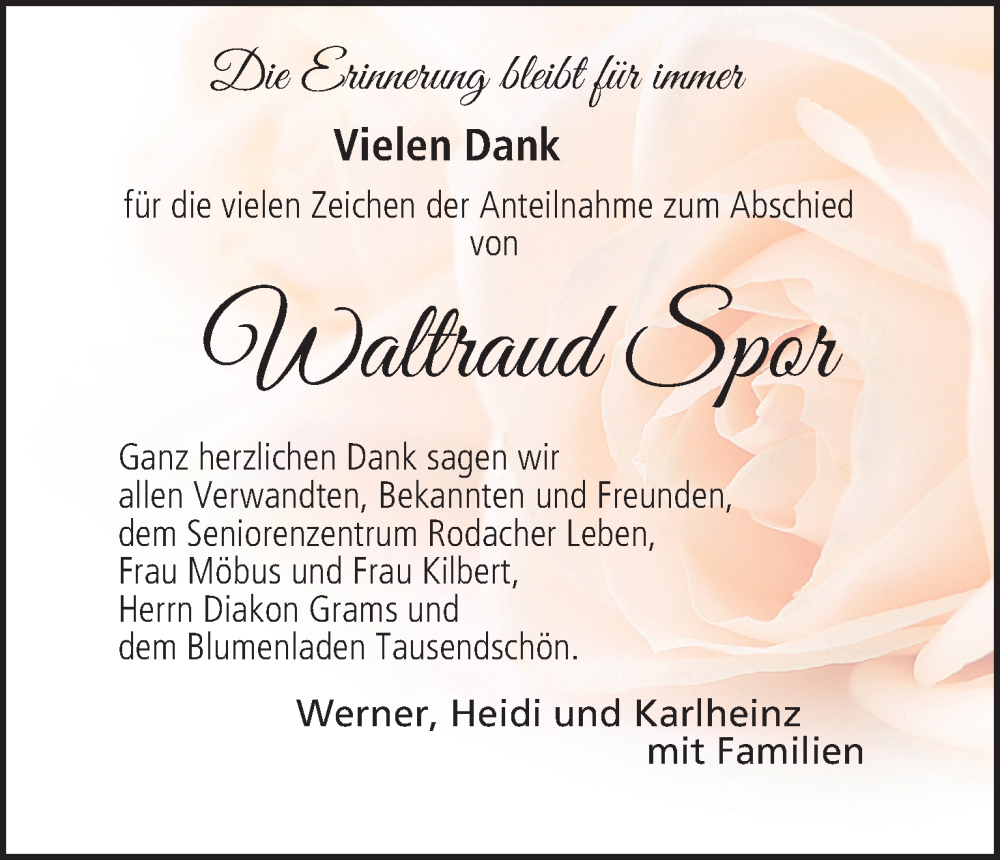  Traueranzeige für Waltraud Spor vom 03.09.2022 aus MGO