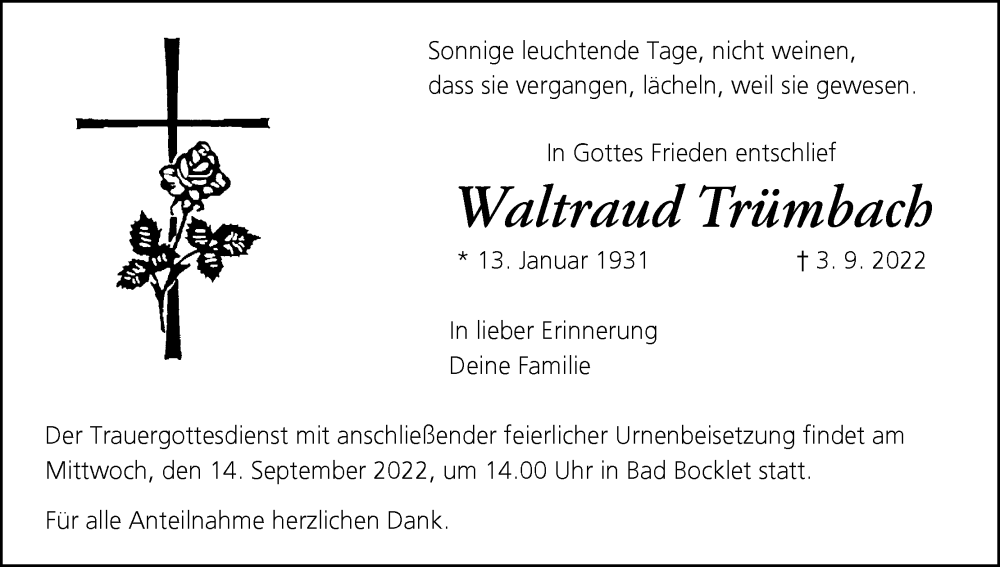  Traueranzeige für Waltraud Trümbach vom 10.09.2022 aus MGO
