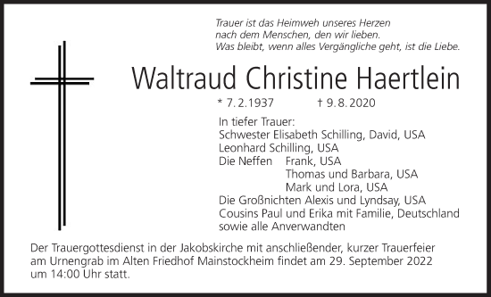 Anzeige von Waltraud Christine Haertlein von MGO