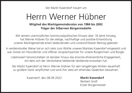 Anzeige von Werner Hübner von MGO