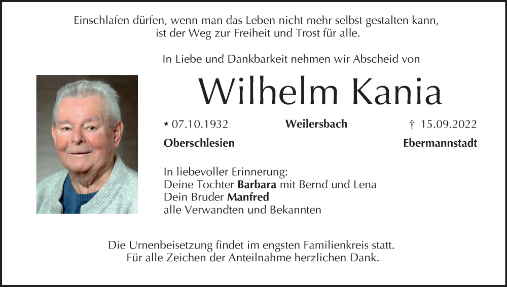  Traueranzeige für Wilhelm Kania vom 24.09.2022 aus MGO