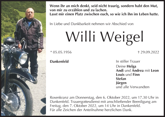 Anzeige von Willi Weigel von MGO