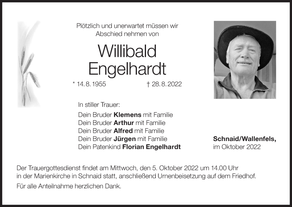  Traueranzeige für Willibald Engelhardt vom 30.09.2022 aus MGO