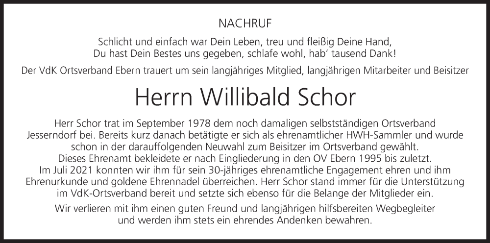  Traueranzeige für Willibald Schor vom 30.09.2022 aus MGO