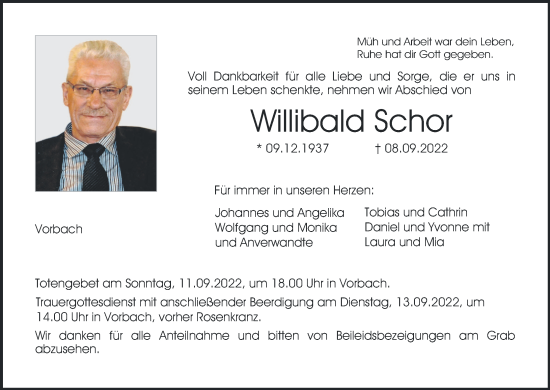 Anzeige von Willibald Schor von MGO