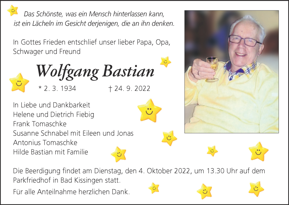  Traueranzeige für Wolfgang Bastian vom 01.10.2022 aus MGO