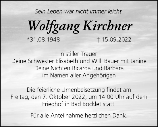 Anzeige von Wolfgang Kirchner von MGO