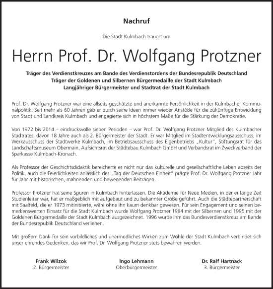 Anzeige von Wolfgang Protzner von MGO
