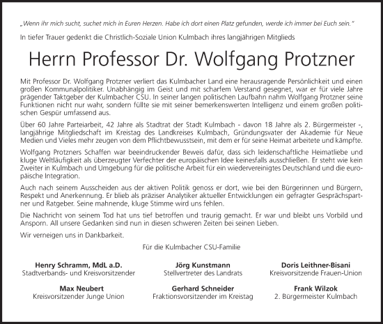 Anzeige von Wolfgang Protzner von MGO