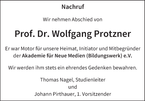 Anzeige von Wolfgang Protzner von MGO