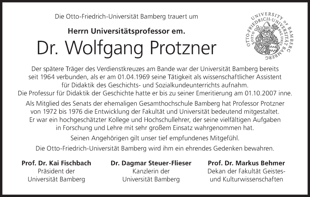  Traueranzeige für Wolfgang Protzner vom 01.10.2022 aus MGO