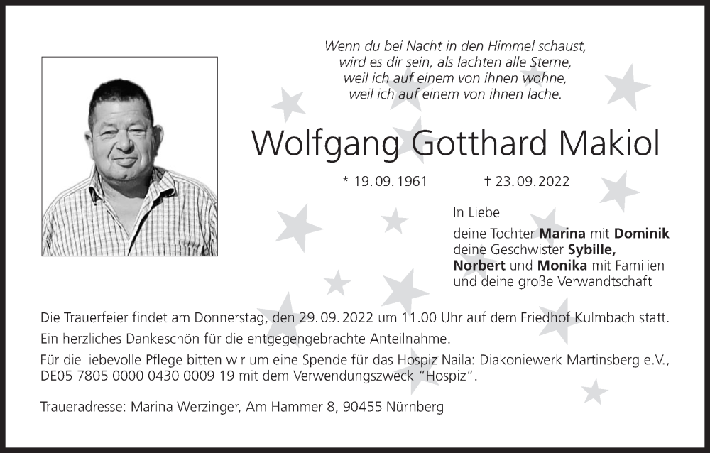  Traueranzeige für Wolfgang Gotthard Makiol vom 27.09.2022 aus MGO