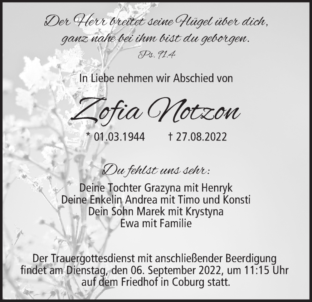  Traueranzeige für Zofia Notzon vom 01.09.2022 aus MGO